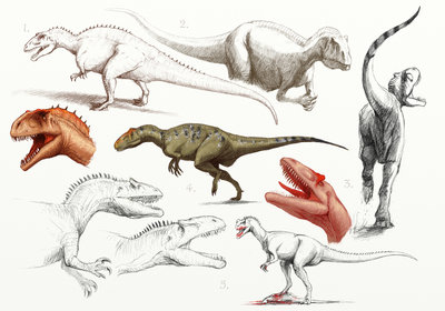 1. - akrokantozaur<br />2., 5. - allozaur<br />3. - zaurofaganaks<br />4. - sinraptor